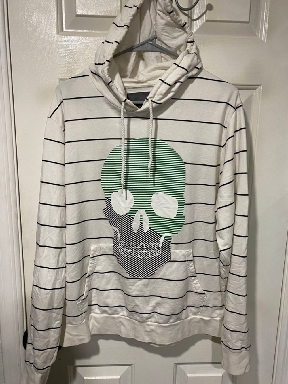 Old Navy White Striped Hoodie with Green Skull Graphic